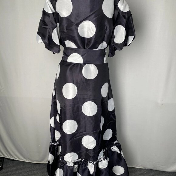 NEW NANCY YANG  Women’s Maxi Dress Black/White Size L Polka Dot Ruffle Belted - Picture 6 of 9